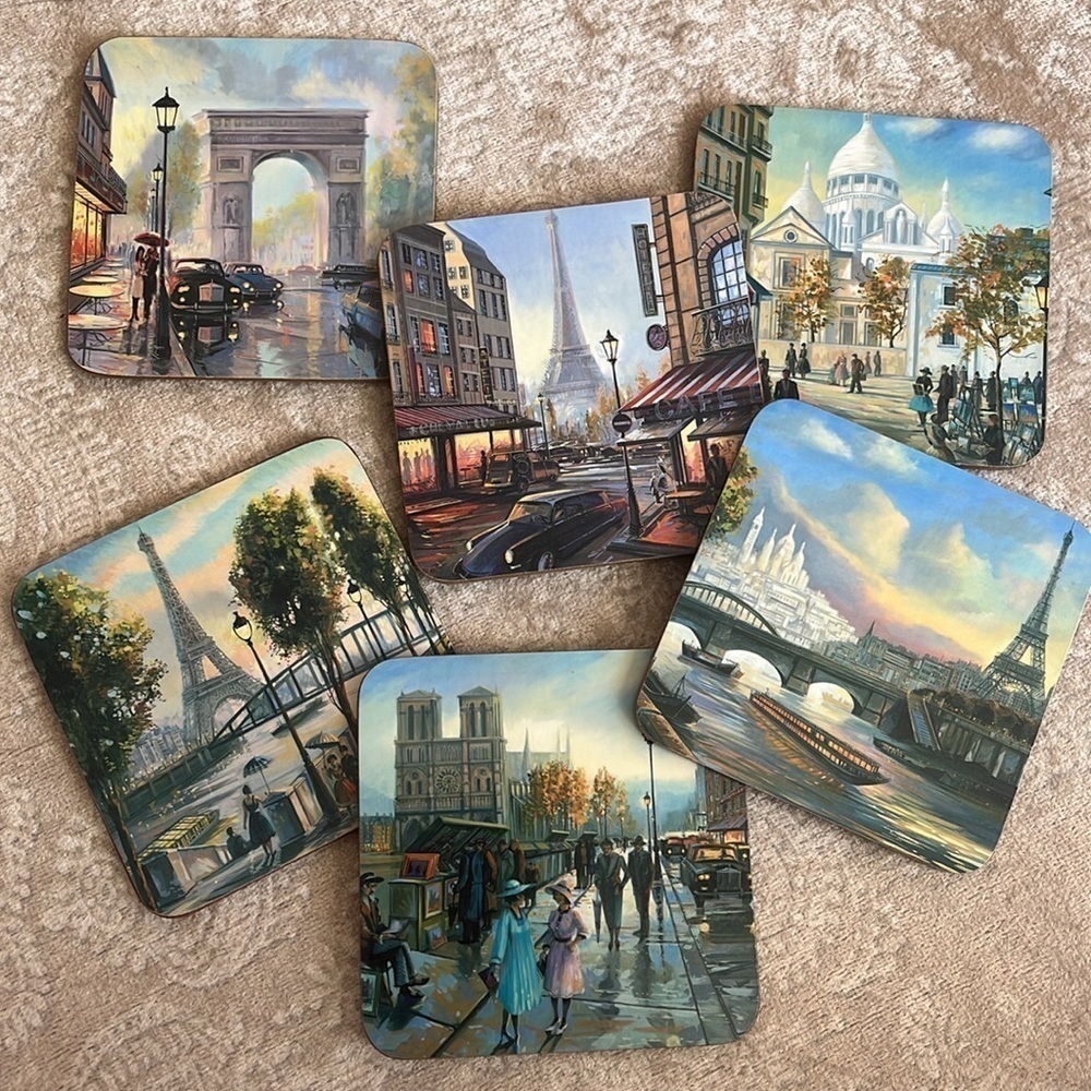Set of 6 Paris Cork Coasters Eiffel Tower Coffee Table Decor Travel Romantic